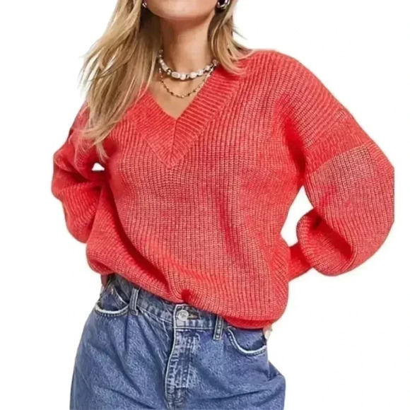 ASOS DESIGN V Neck Puff Balloon Sleeve Boho Fluffy Sweater - Picture 2 of 7